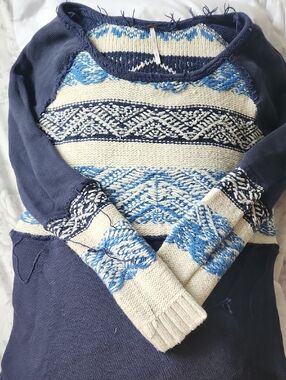 Free People Navy, Light Blue & Cream Patterned Crewneck Sweater
